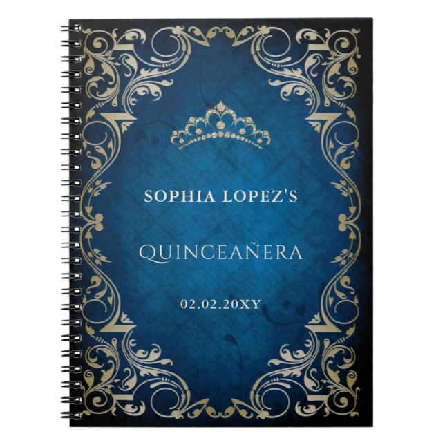 Carnet Rustique Blue Gold Princesse Tiara Quinceanera (Devant)