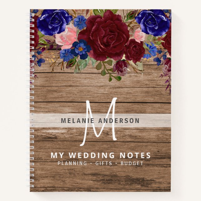 Carnet Rustique Bourgogne bleu rose Fleurs Mariage Planif (Devant)
