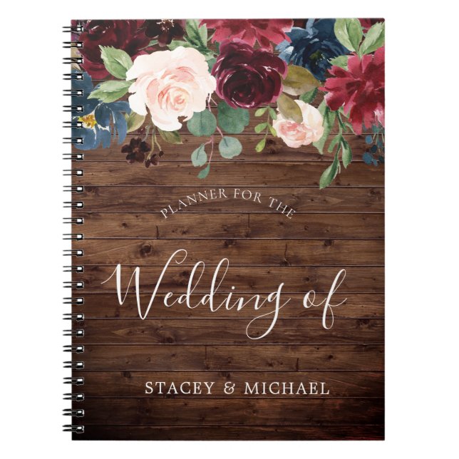 Carnet Rustique Bourgogne Rouge Vin Floral Wedding planne (Devant)