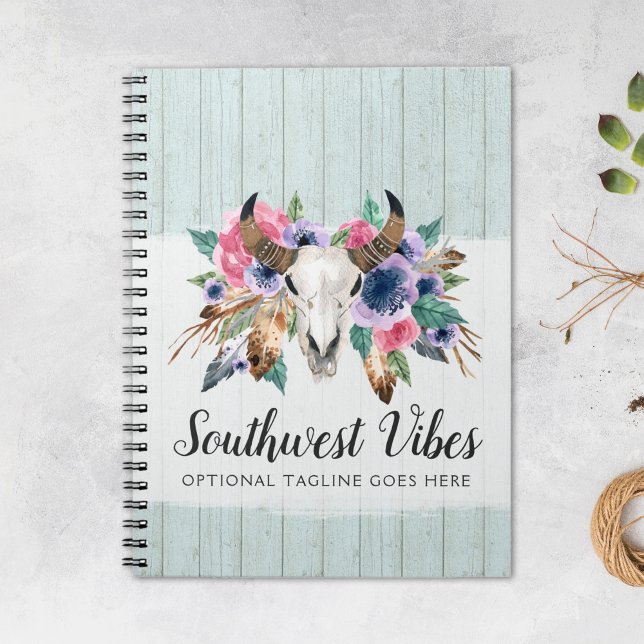 Carnet Rustique Floral Vache Crâne Aquarelle Bois Boho Ch (Créateur téléchargé)
