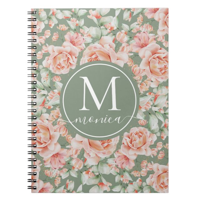 Carnet Sage Vert Floral Aquarelle Rose Motif Monogramme (Devant)