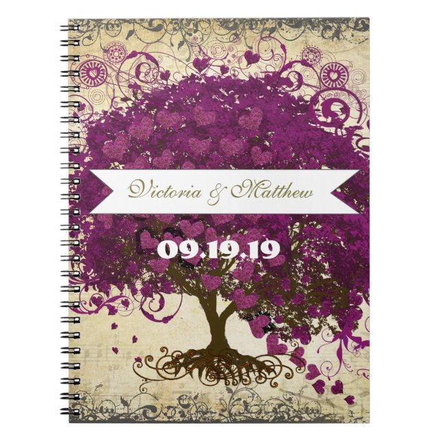 Carnet Sangria Magenta Purple Mariage de feuille de coeur (Devant)