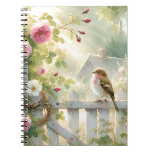 Carnet Scène de jardin de roses à l'aquarelle avec oiseau