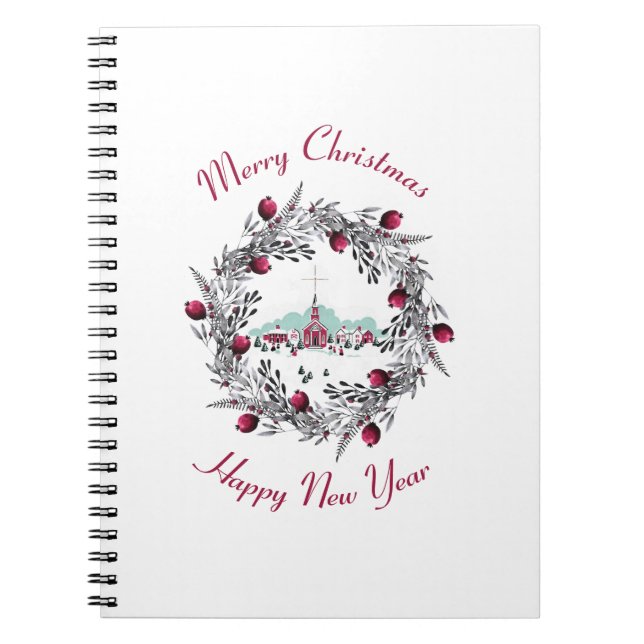 Carnet Scène de l'église vintage d'hiver avec couronne de (Devant)