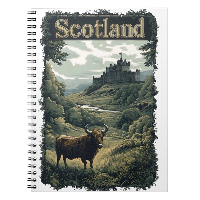 Carnet Scotland Design : Highland Cow, Castle, and Scener (Devant)