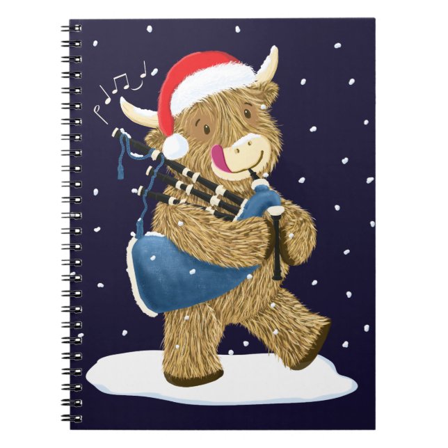 Carnet Scottish Highland Cow Christmas Piper (Devant)