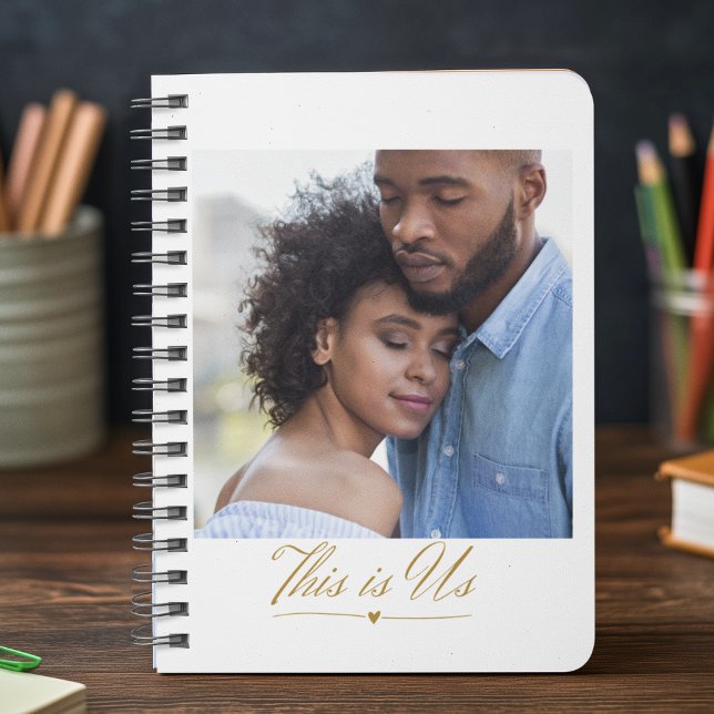Carnet Script Across Us Spiral Notebook (Notebook with full-width photo, flowing script phrase This is Us, and gold heart line accent.)