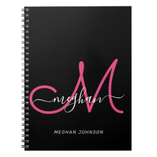 Carnet Script moderne chic noir Hot rose Monogramme