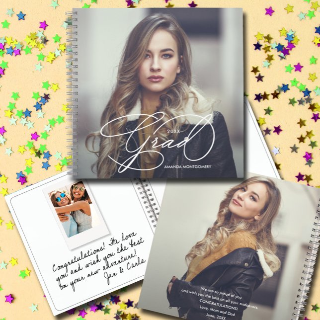 Carnet Script moderne Photo Graduation Guest Book Keepsak (CHOOSE your page style, spine color, soft or hard cover and add a personal message on the back.)