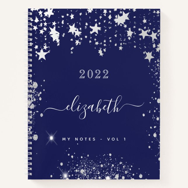 Carnet Script monogramme bleu marine étoiles blanches (Devant)