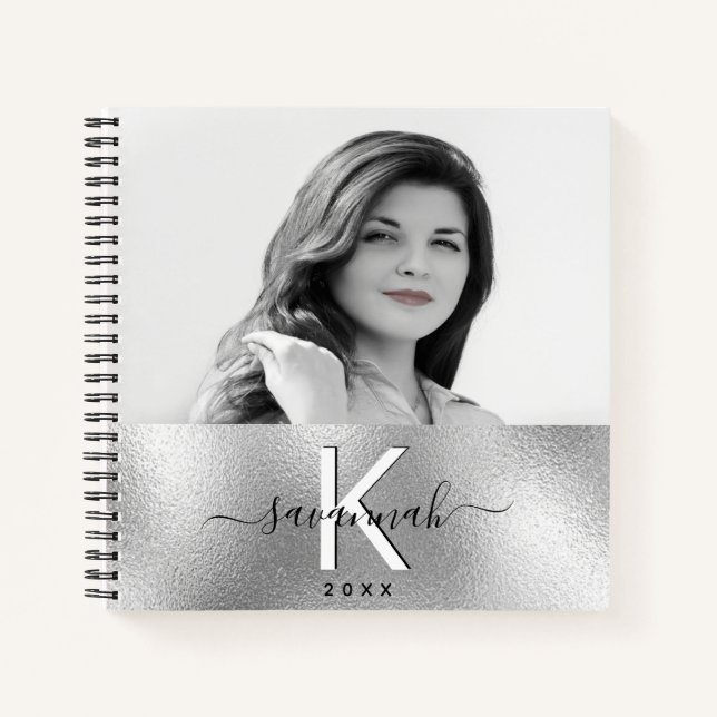 Carnet Script photo de nom monogramme en argent (Devant)
