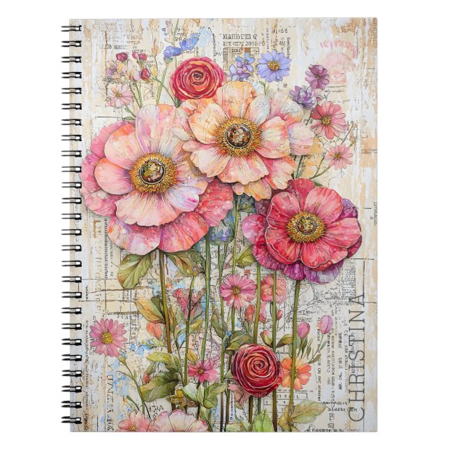 Carnet Shabby Chic Floral Ephemera Rose Fleurs Rouge S7L (Devant)