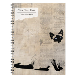 Carnet Siamese Cat on Retro Newspaper, Personalized Name