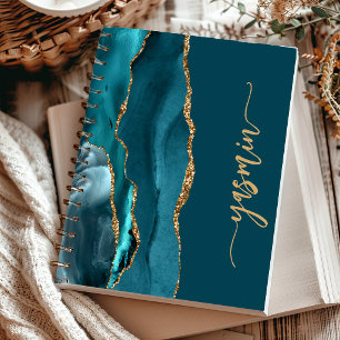 Carnet Signature personnalisée bleu sarcelle or Agate