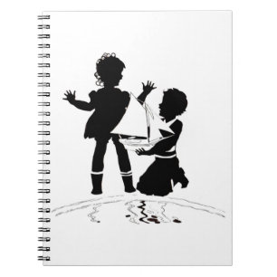 Carnet silhouette of girl and boy and model boat