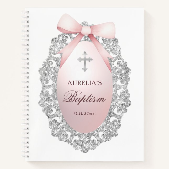 Carnet Silver Glitter Frame Pink Bow Baptism Guest Book (Devant)