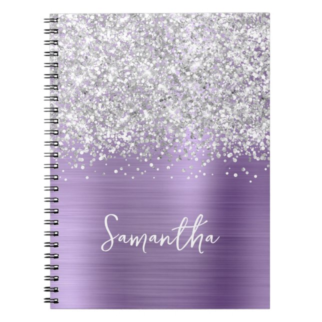 Carnet Silver Glitter Light Purple Glam Script Name (Devant)