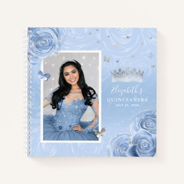 Carnet Silver Light Baby Blue Roses Quinceanera Invité (Devant)