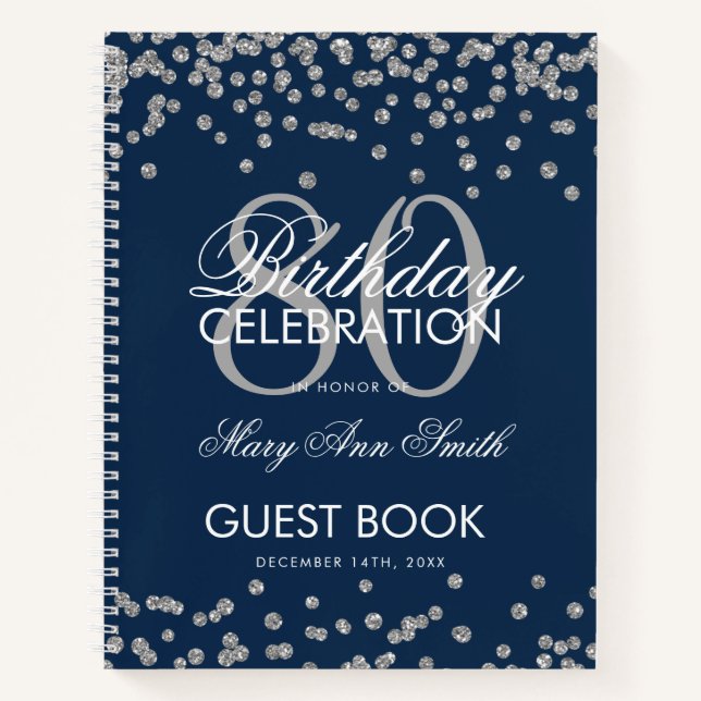 Carnet Silver Navy Blue 80th Birthday Guestbook Confetti (Devant)