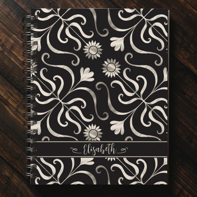 Carnet Silver Pearl Floral Damask Sunflower Classé Noir (Créateur téléchargé)