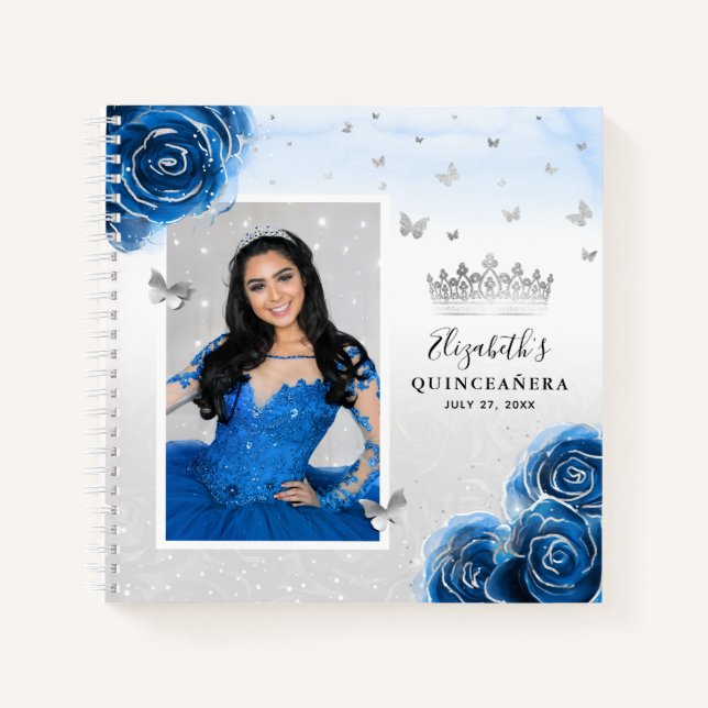 Carnet Silver Royal Blue Roses Photo Quinceanera Guest (Devant)