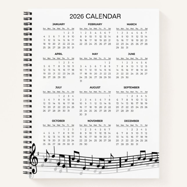 Carnet Simple 2026 Calendar with Musical Notes |  (Devant)
