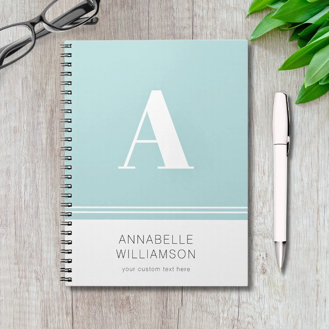Carnet simple aqua blanc moderne (Modern simple minimalist monogram notebook with customizable text in mint aqua and white.)