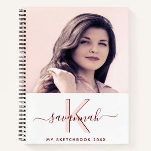 Carnet Sketbook photo personnalisée blanc rose or monogra