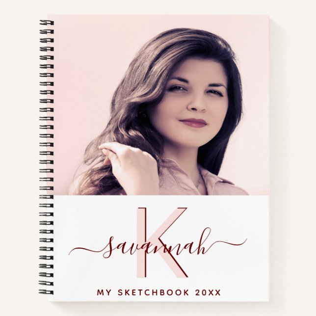 Carnet Sketbook photo personnalisée blanc rose or monogra (Devant)