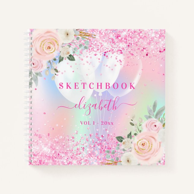 Carnet Sketchbok rose florales holographique nom de la pa (Devant)