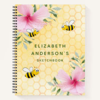 Sketchbook abeilles jaune nid d'abeille fleurs ros