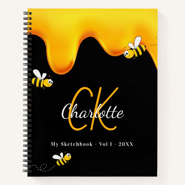Carnet Sketchbook abeilles miel noir gouttes monogramme (Devant)