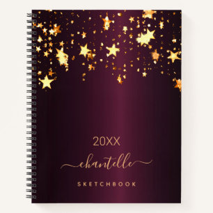Carnet Sketchbook Bourgogne or étoiles nom monogramme