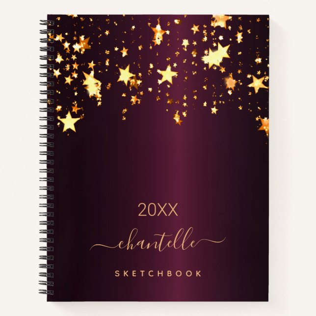 Carnet Sketchbook Bourgogne or étoiles nom monogramme (Devant)