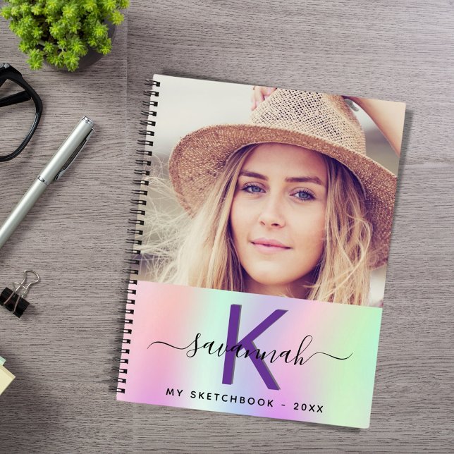 Carnet Sketchbook photo personnalisée holographique rose (Créateur téléchargé)