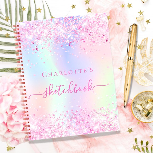 Carnet Sketchbook rose holographique nom de la licorne (Créateur téléchargé)