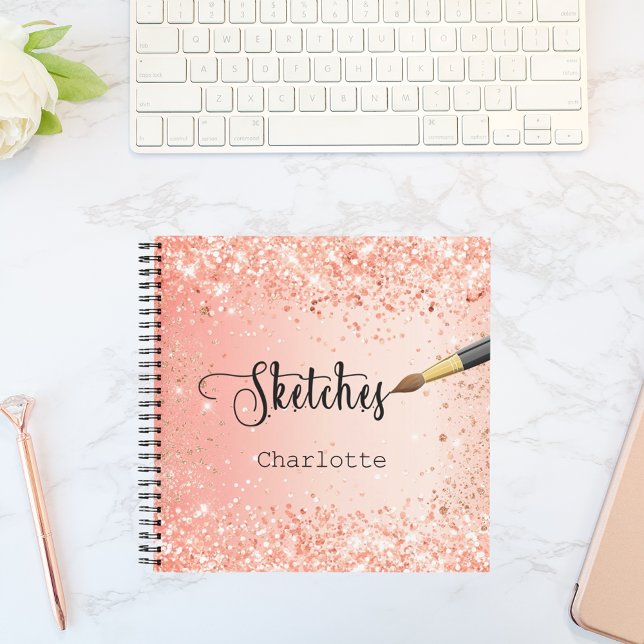 Carnet Sketchbook rose orange or parties scintillant nom  (Créateur téléchargé)