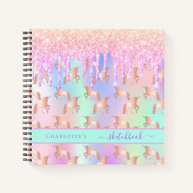 Carnet Sketchbook unicorn rose nom holographique fille (Devant)