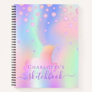 Carnet Sketchbook unicorne diamants rose iridescente nom