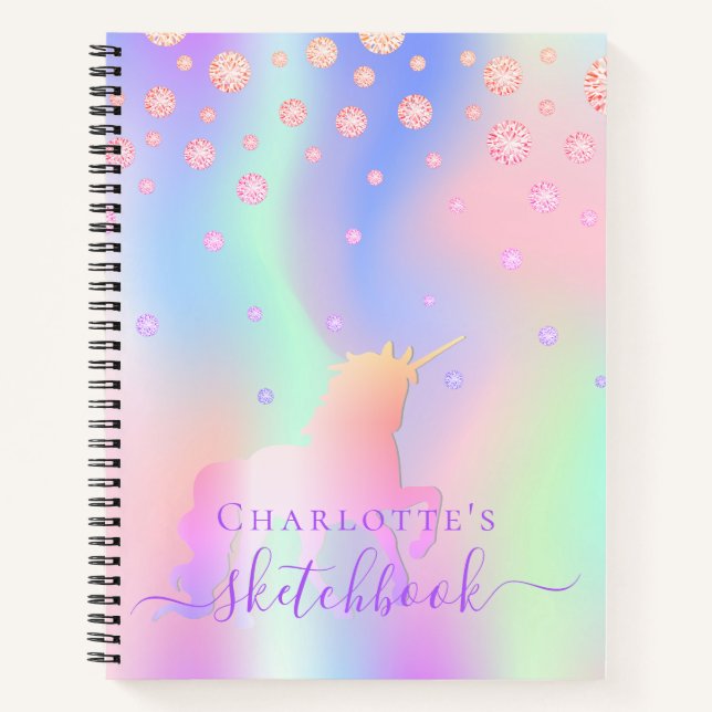 Carnet Sketchbook unicorne diamants rose iridescente nom (Devant)