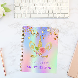 Carnet Sketchbook unicorne face rose or étoile holographi