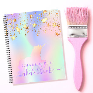 Carnet Sketchbook unicorne rose or étoiles iridescence no