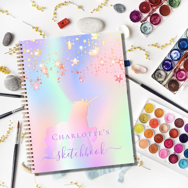 Carnet Sketchbook unicorne rose pourpre iridescente nom (Créateur téléchargé)