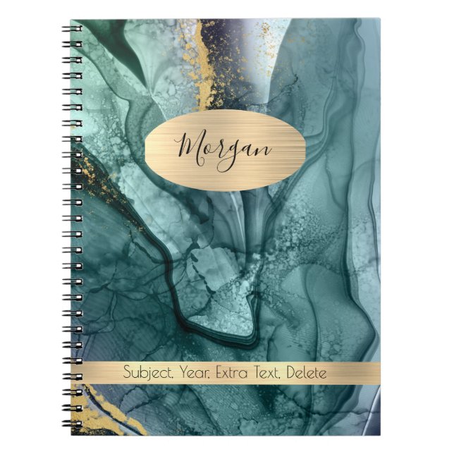 Carnet Smokey Turquoise Gris & Or Encre Abstraite, Nom/Su (Devant)