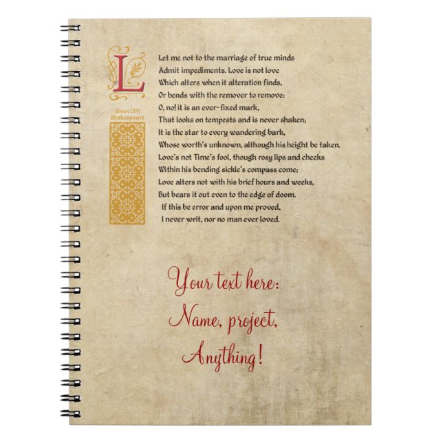 Carnet Sonnet 116 de Shakespeare (CXVI) sur le parchemin (Devant)