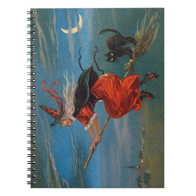 Carnet Sorcière volant avec chat noir la nuit d'Halloween (Devant)