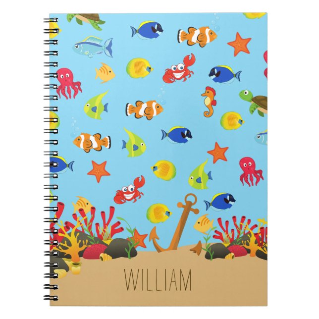 Carnet Sous l'océan marin Poisson et Ancre Nom de l'enfan (Devant)