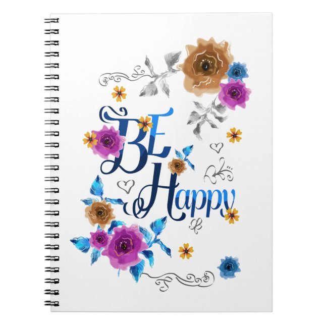 Carnet Soyez heureux Quote Positive Bleu Purple Or Fleurs (Devant)