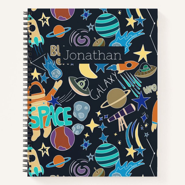 Carnet Space Rocket Planètes Étoiles Doodles Personnalisé (Devant)