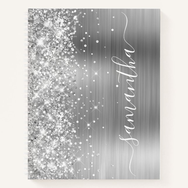 Carnet Sparkly Glittery Silver Glam Girl Nom (Devant)